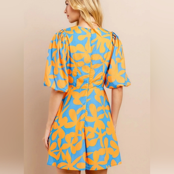 NWT BOUTIQUE FLORAL ORANGE BLUE PUFFER SLEEVE DRESS - Picture 6 of 8